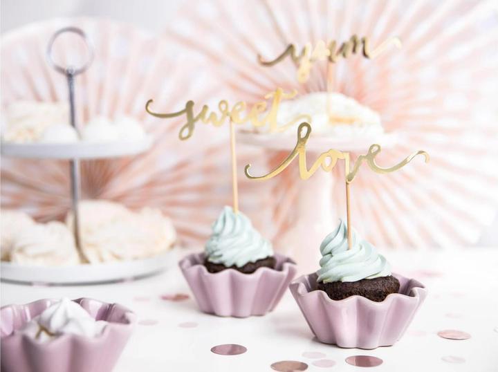 Produktbild Partydeco Kuchen-Topper Set love, sweet, yum 13 cm, 6 Stück, Gold (1 Stk.)