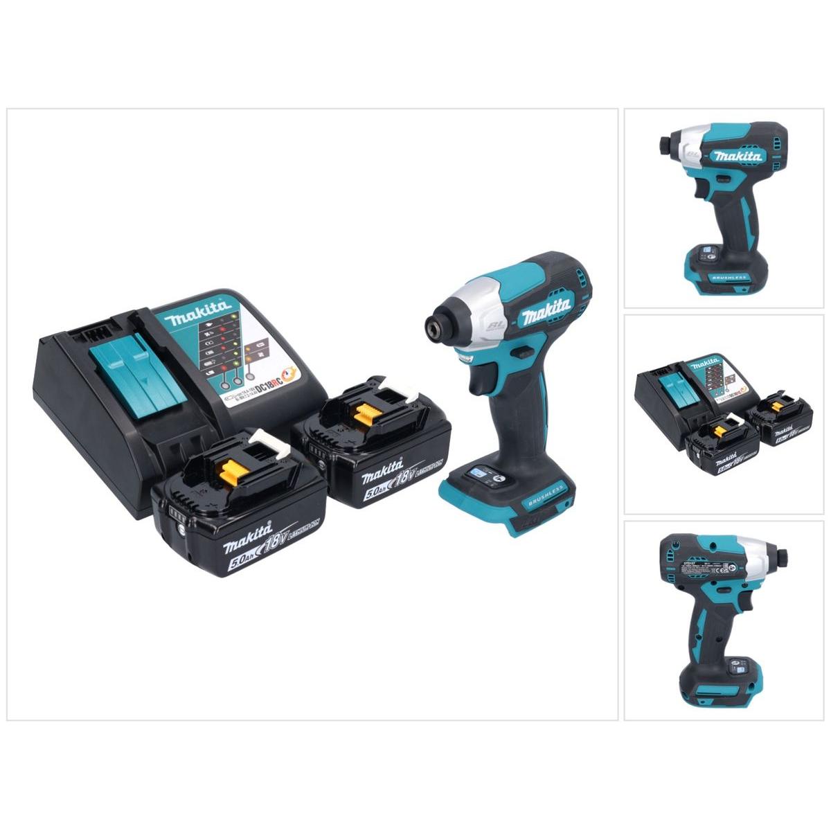 Makita, Bohrmaschine + Akkuschrauber, DTD 157 RT Akku Schlagschrauber 18 V 140 Nm 1/4" Brushless + 2x Akku 5,0 Ah + Lade...
