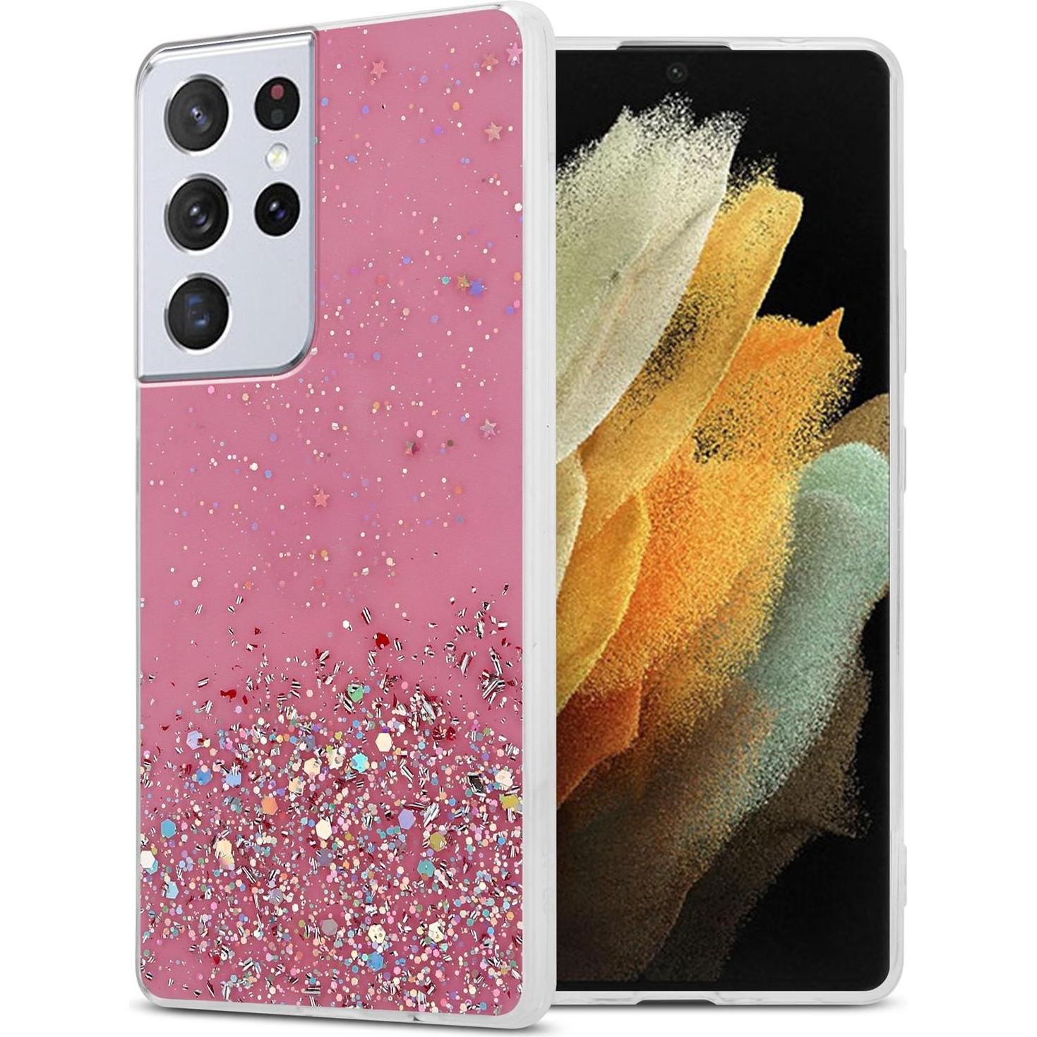 Cadorabo TPU Cover funkelnder Glitter (Samsung Galaxy S21 Ultra), Smartphone Hülle, Rosa