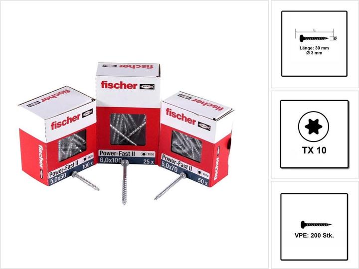 Immagine prodotto Fischer Power-Fast II FPF II Viti per legno 3,0x30 mm, 200 pz. ( 670060 ) Testa tonda, Torx (200 Viti per pezzo)