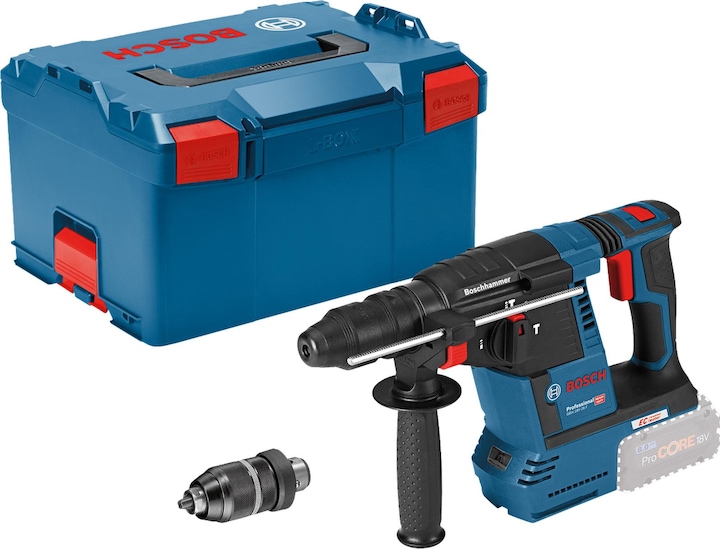 Quick-change drill chuck 13 mm, Interchangeable chuck SDS plus, Cordless rotary hammer GBH 18V-26 F, Machine cloth, Depth stop, Auxiliary handle, L-BOXX 238