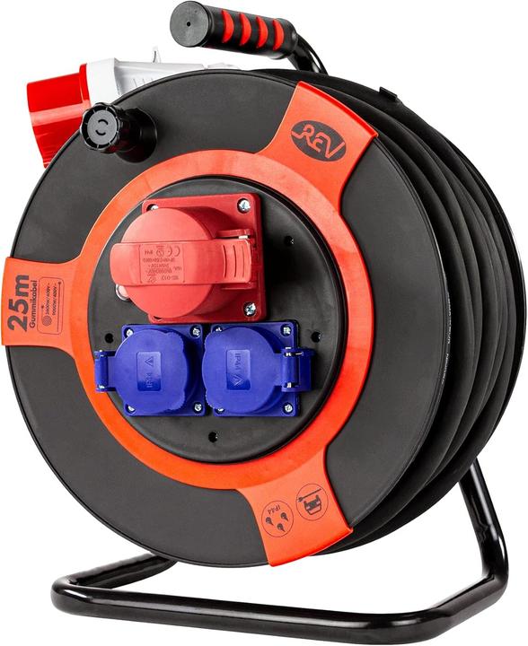REV Cable reel EX 25 m H07RN IP44 9000W extension cable outdoor 1 CEE and 2 earthed sockets red (25 m)
