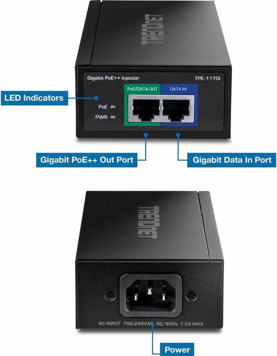 Actual product image Trendnet TPE-117GI Power Injector (802.3af (PoE), 802.3at (PoE+), 802.3bt (PoE++), 60 W)