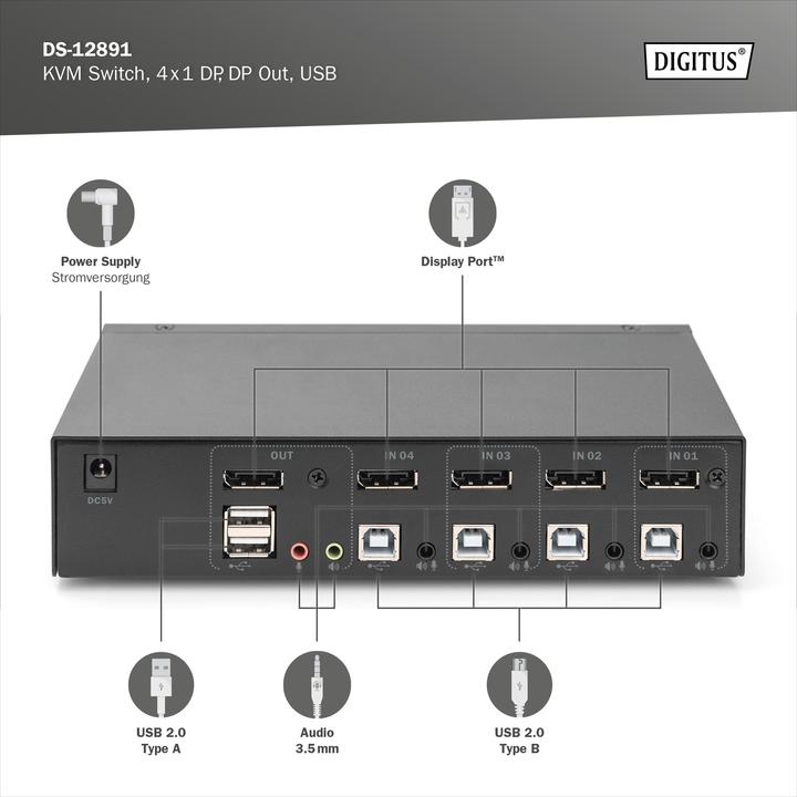 Produktbild Digitus KVM Switch, 4x1 DP, DP Out,USB