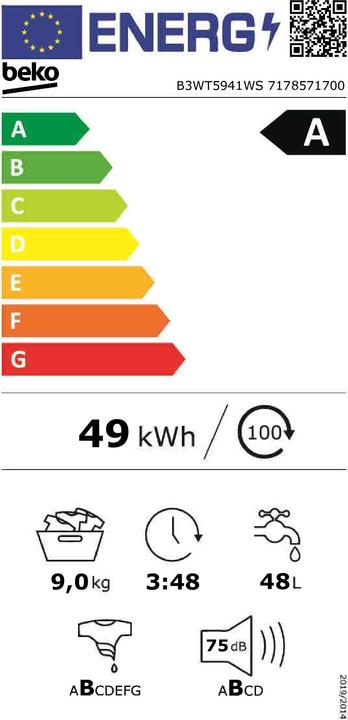 Energy Label Beko B3WT5941WS SteamCure (9 kg, Left)