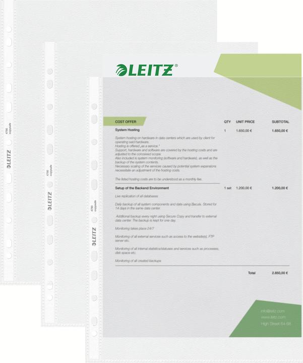 Produktbild Leitz Prospekthülle Standard, A4, PP, genarbt, 0,09 mm oben offen, dokumentenecht, Lochung: Euroloch (A4, 100x)