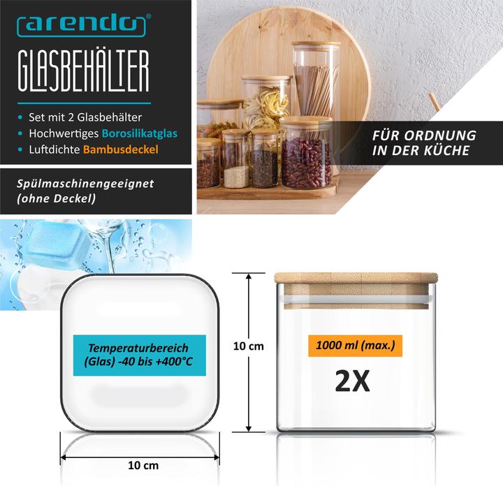 Produktbild Arendo 2x 1 L Vorratsgläser, Glasbehälter, 2er Set, Borosilikatglas, Bambusdeckel, Vorratsdosen luftdicht (1 l)