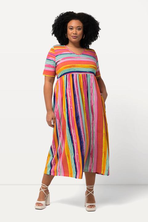 Produktbild Ulla Popken Jerseykleid, Streifenmix, A-Linie, V-Ausschnitt, Halbarm (60)