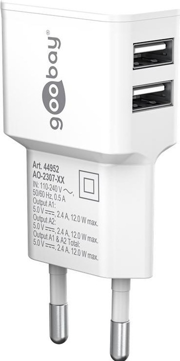Immagine prodotto Goobay Caricabatterie doppio USB 2,4 A - Alimentatore USB con 2 uscite USB - bianco (12 W)