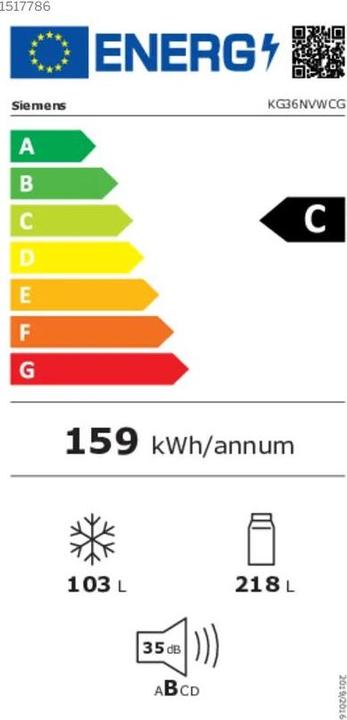 Energie-Label Siemens KG36NVWCG, free-standing fridge-freezer with freezer at bottom (321 l)