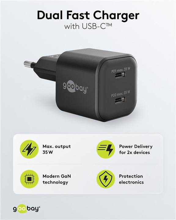 Produktbild Goobay USB-C PD GaN Dual-Schnellladegerät Nano 35 W schwarz (35 W, 2 Ports)