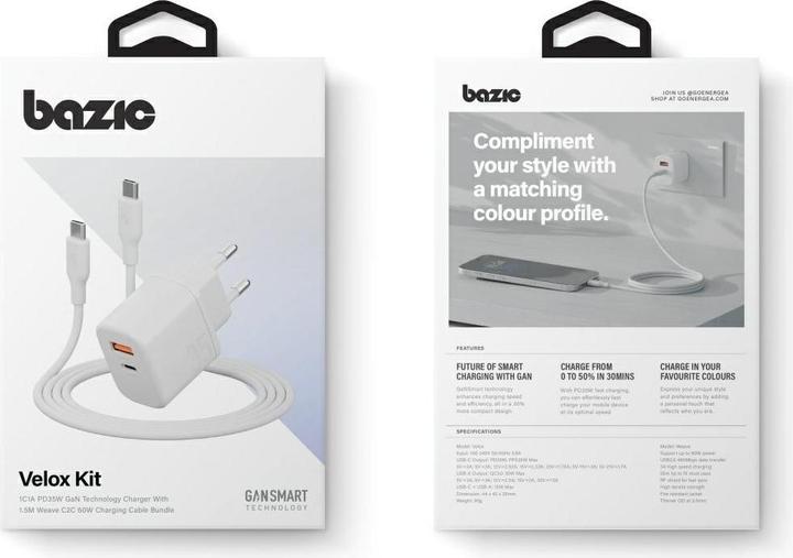 Actual product image Energea Wall Charger Bazic Goport Velox Kit 1xUSB-C 1xUSB-A GaN 35W with cable white (35 W, 2 ports)