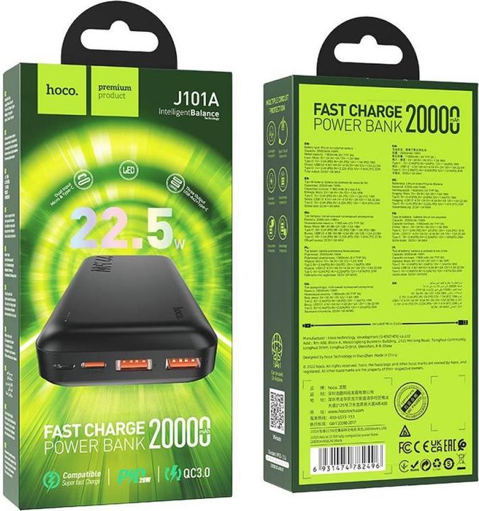 Actual product image Hoco External battery Power Bank J101A PD 20W+Quick Charge 3.0 22.5W 20000mAh black (20000 mAh, 20 W)