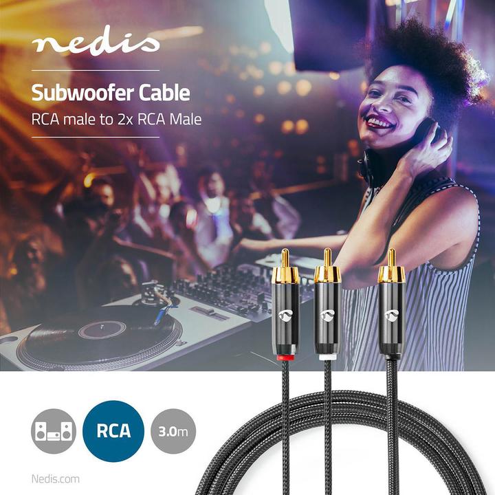 Image du produit Nedis Câble de subwoofer | RCA | 2x RCA mâles | Plaqué or | 3.00 m | rond | 4.5 mm | Gris / Gun Metal (3 m, RCA)