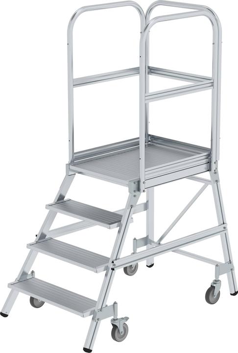 Immagine prodotto Munk Scala a piattaforma con accesso unilaterale con rotelle a molla in alluminio nervato 4 gradini (Scala a pioli, 141 cm)