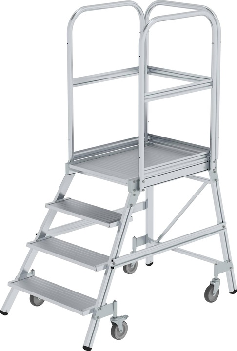 Immagine prodotto Munk Scala a piattaforma con accesso unilaterale con rotelle a molla in alluminio nervato 4 gradini (Scala a pioli, 141 cm)