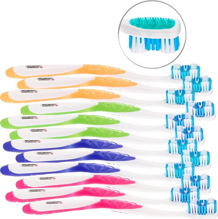 Image du produit Newgen medicals Lot de 12 brosses à dents de marque avec gratte-langue, MEDIUM, 4 couleurs (Moyen, 12 x)