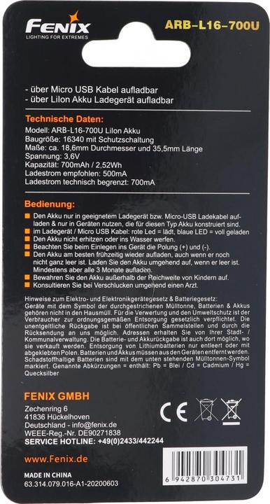 Produktbild Fenix Akku CR123 A mit integrierter USB-Ladefunktion und AccuCell AkkuBox