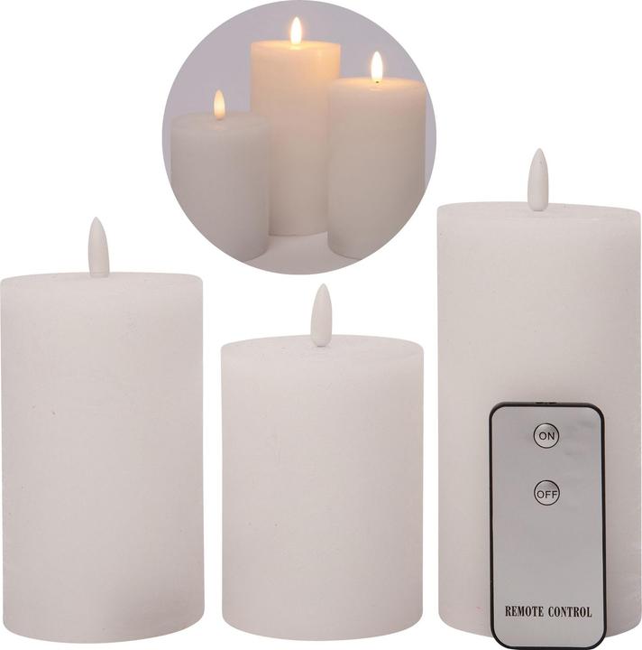 Produktbild Novaliv 3er Set Led Kerzen 7,5cm ø Kerze flackernde Flamme mit Fernbedingung WEISS 15 cm + 12,5 cm + 10 cm H (1 x)