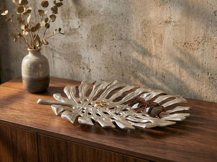 Produktbild FineBuy Dekoschale Metall 36cm Blatt Standdeko Design Tischdeko Obstschale Deko Alu