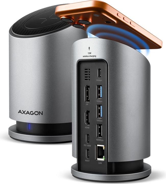 Produktbild Axagon HMC-WL9 9-in-1-Hub USB-C 10 Gbit/s kabelloses Laden Grau (USB-C, 9 Ports)