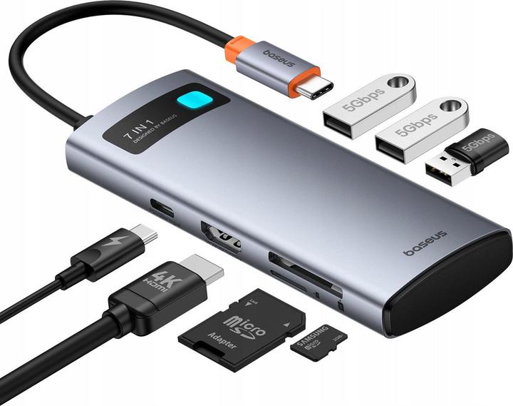 Actual product image Baseus Metal Gleam 7in1 HDMI 4K 60Hz USB-C Hub / 3x USB 3.0 / USB-C PD / SD / microSD - Grau (USB-C, 7 ports)