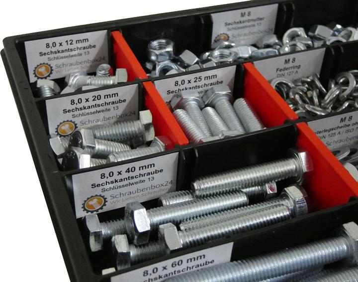 Schraubenbox24 400 tlg Sechskantschrauben Sortiment mit Muttern Unterlegscheiben Federringen M8 // 12mm-70mm Schrau (400 Schrauben pro Stück)