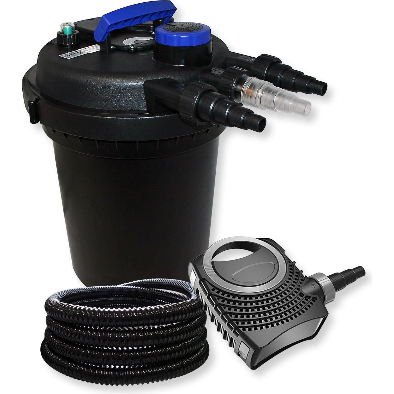 Wiltec, Brunnen + Gartenteich, Druckfilter Set 6000l 11W UVC Teichklärer Schlauch 70W Pumpe Skimmer 301