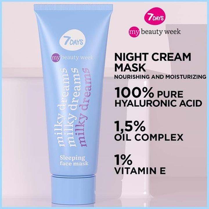 Immagine prodotto 7Days Maschera da notte per il viso con vitamina E, olio di mandorle e jojoba 80ml Sogni di Latte (80 ml)