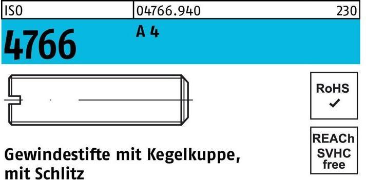 Produktbild Gewindestift ISO 4766 m.Kegelkuppe/Schlitz M 3 x 6 A 4 (50 Schrauben pro Stück)