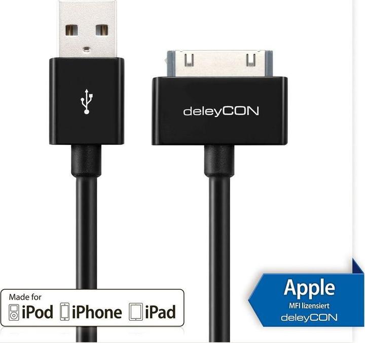 Produktbild deleyCON 30Pin Dock-USB Kabel 2m, schwarz (2 m, USB 2.0)