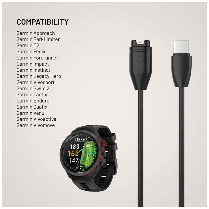 Actual product image Fixed USB-C Charging Cable for Garmin Forerunner/Fenix/Venu/Vívoactive/Instinct, 2m, black