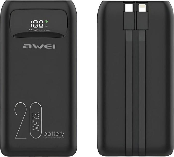 Produktbild Awei PowerBank P169K 20000mAh 22.5W czarny/black wyświetlacz + kable PD/Lightning (20000 mAh, 22 W, 22.50 Wh)