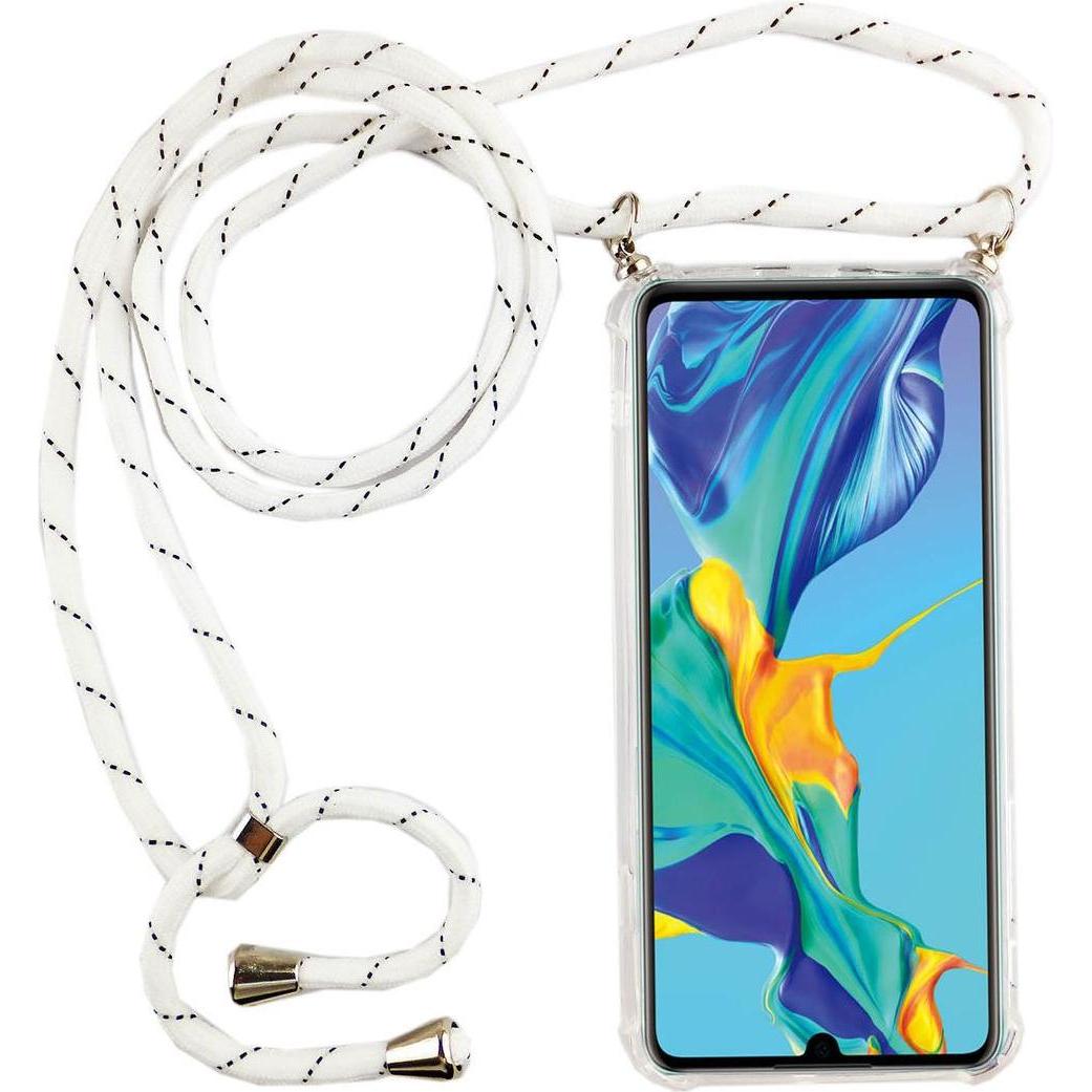 König Design Huawei P30 Handykette Hülle mit Band Case zum umhängen mit Kordel Tasche Weiss, Handykette, Transparent