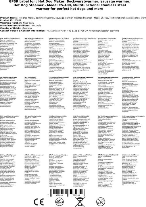 Immagine prodotto Ich-zapfe Macchina per hot dog, scalda salsicce, cuoci hot dog a vapore - modello CS-400, acciaio inox