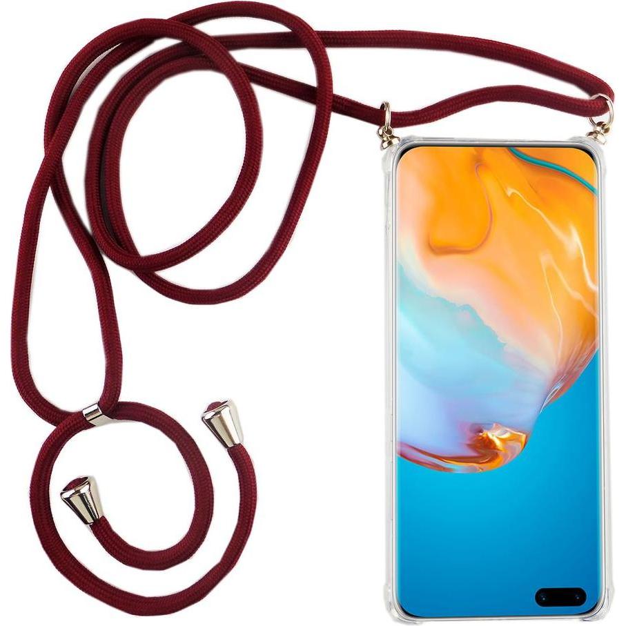 König Design Huawei P40 Lite Handykette Hülle mit Band Case zum umhängen mit Kordel Etui Rot, Handykette, Transparent