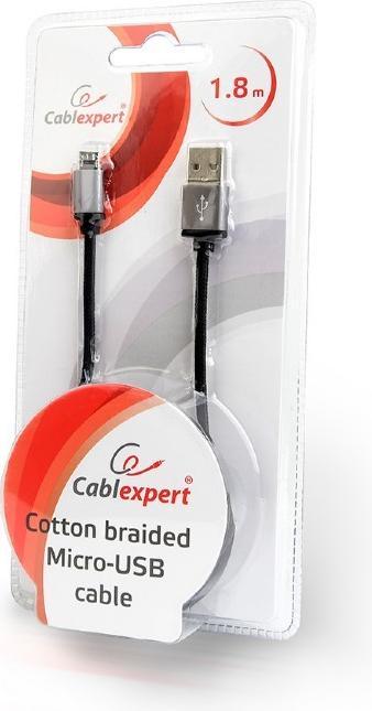 Produktbild Gembird ! Baumwolle geflochtenes Micro-USB-Kabel / 1,8 m / schwarz (1.80 m, USB 2.0)