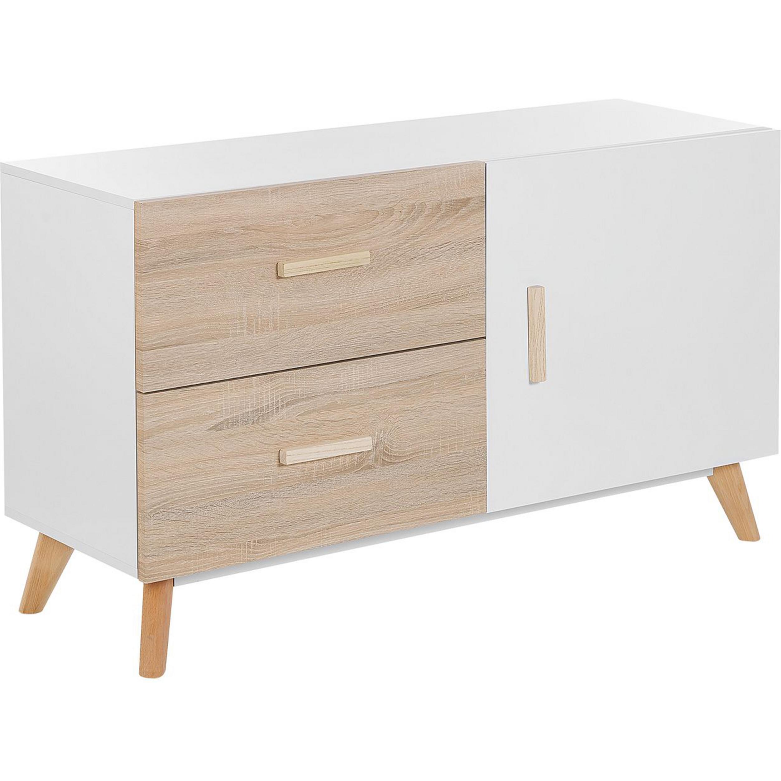 Beliani, Kommode + Sideboard, Sideboard weiss / heller Holzfarbton 2 Schubladen Schrank FILI (120 x 40 x 70 cm)