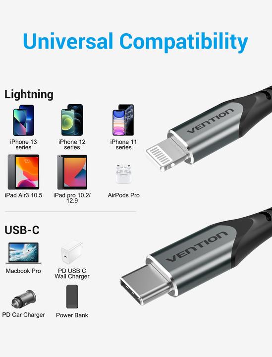 Image du produit Vention USB 2.0C vers Lightning 1.5M avec PD/MFi (1.50 m, USB 2.0)