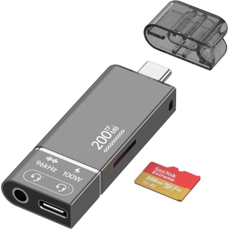 PowerGuard 4-in-1 USB-C to V30 MicroSD TF Cardreader Audio & PD Charge, Lettore di schede di memoria
