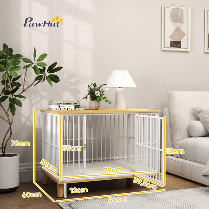 Immagine prodotto PawHut Hundekäfig Stahl, Spanplatte Weiss+Eiche (Cuccia per cani)