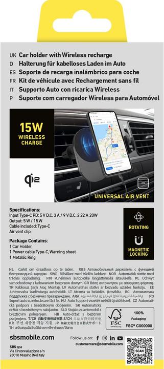 Image du produit SBS Support universel à fente d'aération 15W WirelessCharge