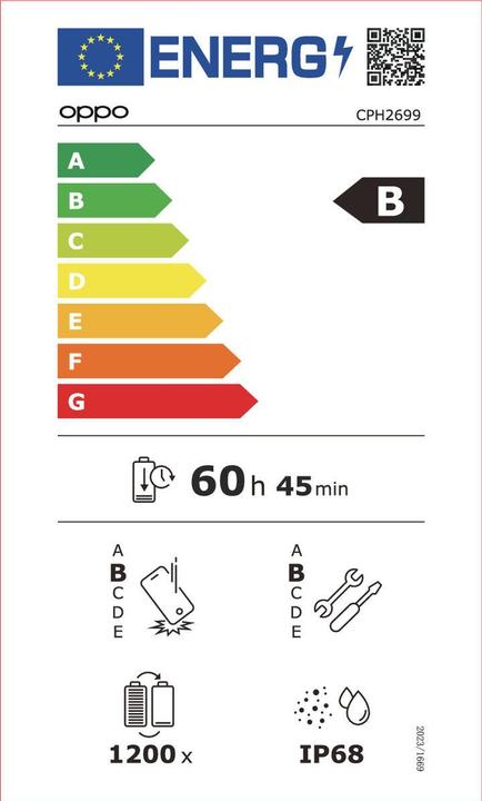 Energy Label OPPO Reno13 F 5G (256 GB, Graphite grey, 6.67", Dual SIM, 5G)