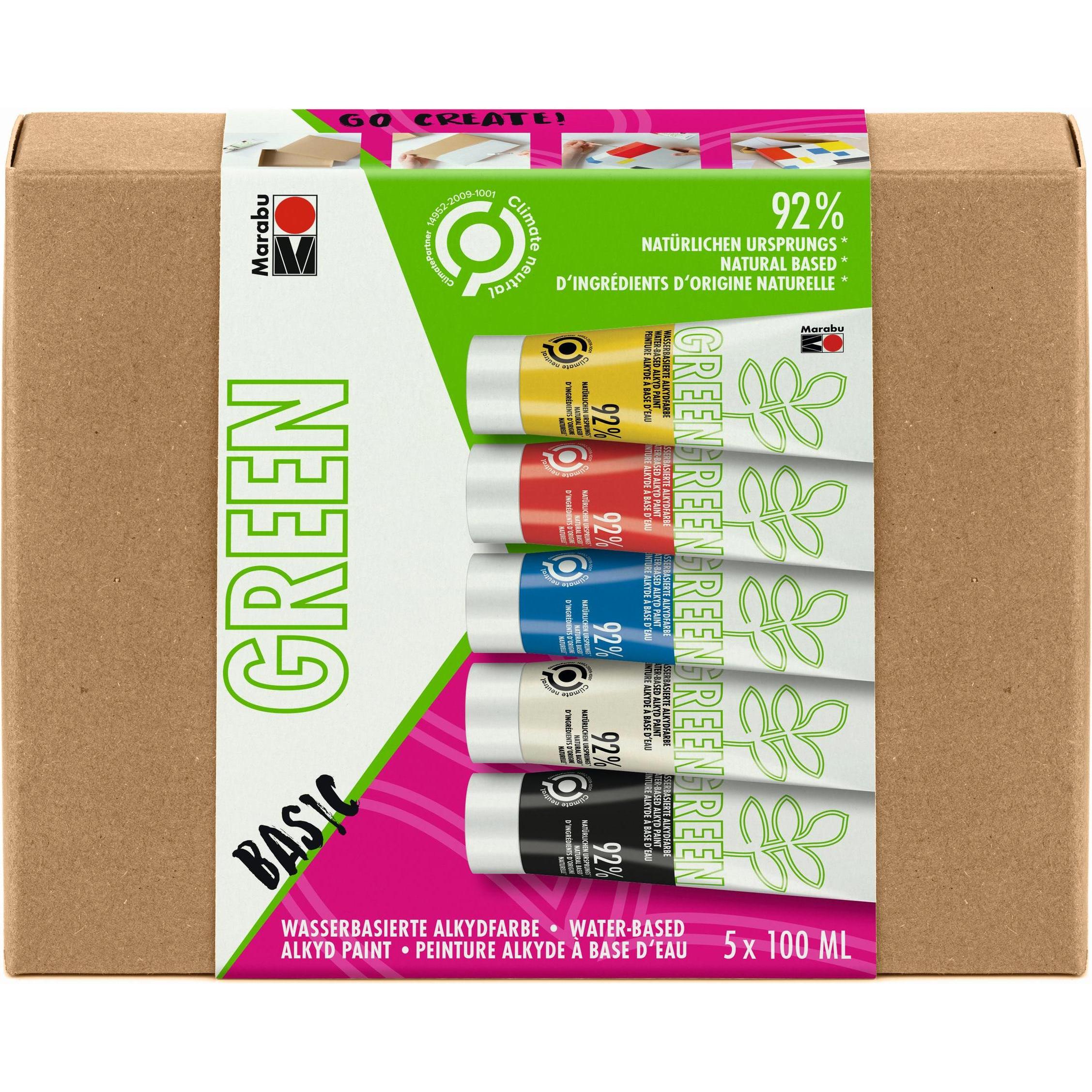 Marabu, Künstlerfarbe + Bastelfarbe, Bastelfarbe Alkydfarbe Green Set Basic, 5 x 100 ml (Weiss, Hellrot, Lichtgelb, Saph...