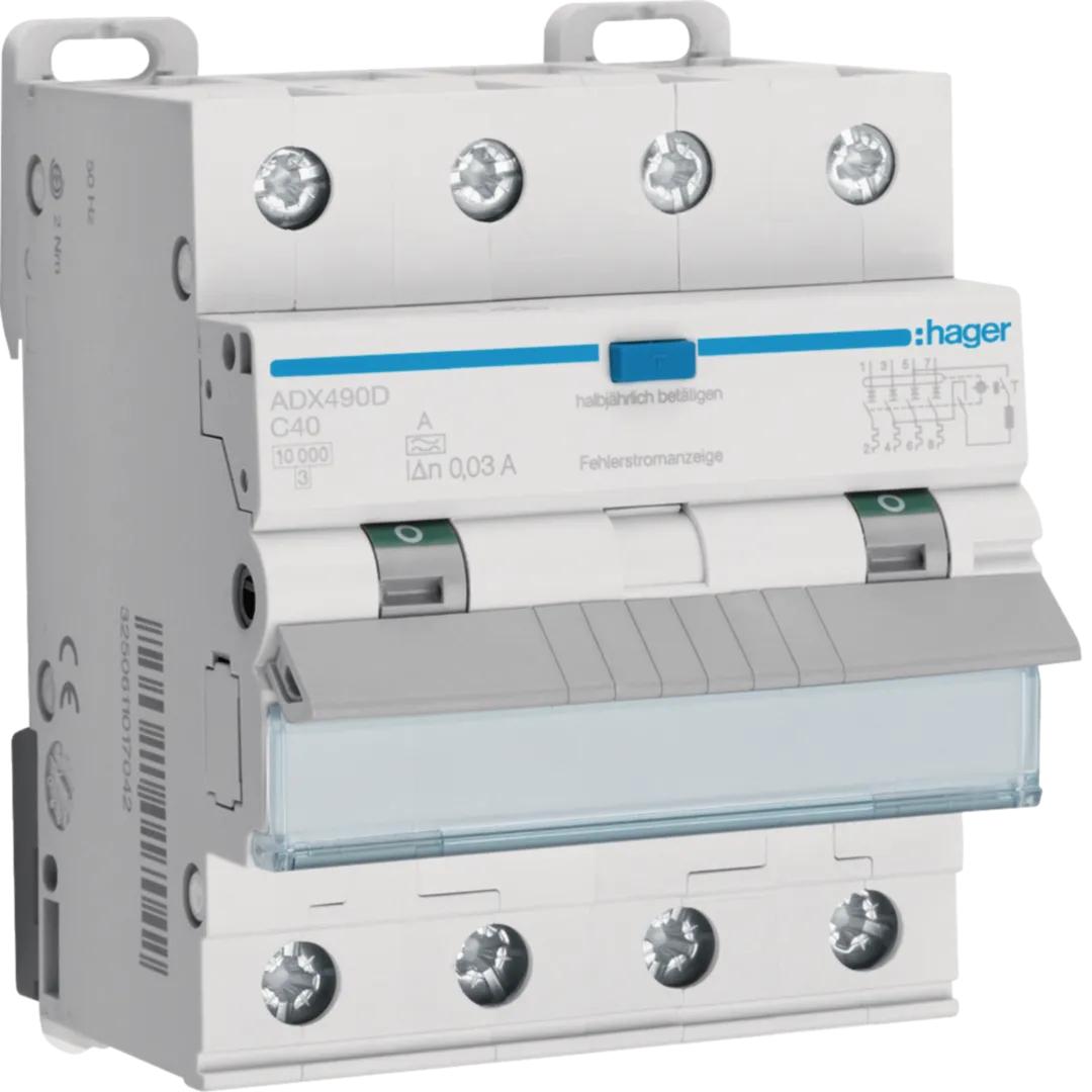 Hager, Schutzschalter, HAG ADX490D FI-LS 4P 10kA C-40A 30mA A