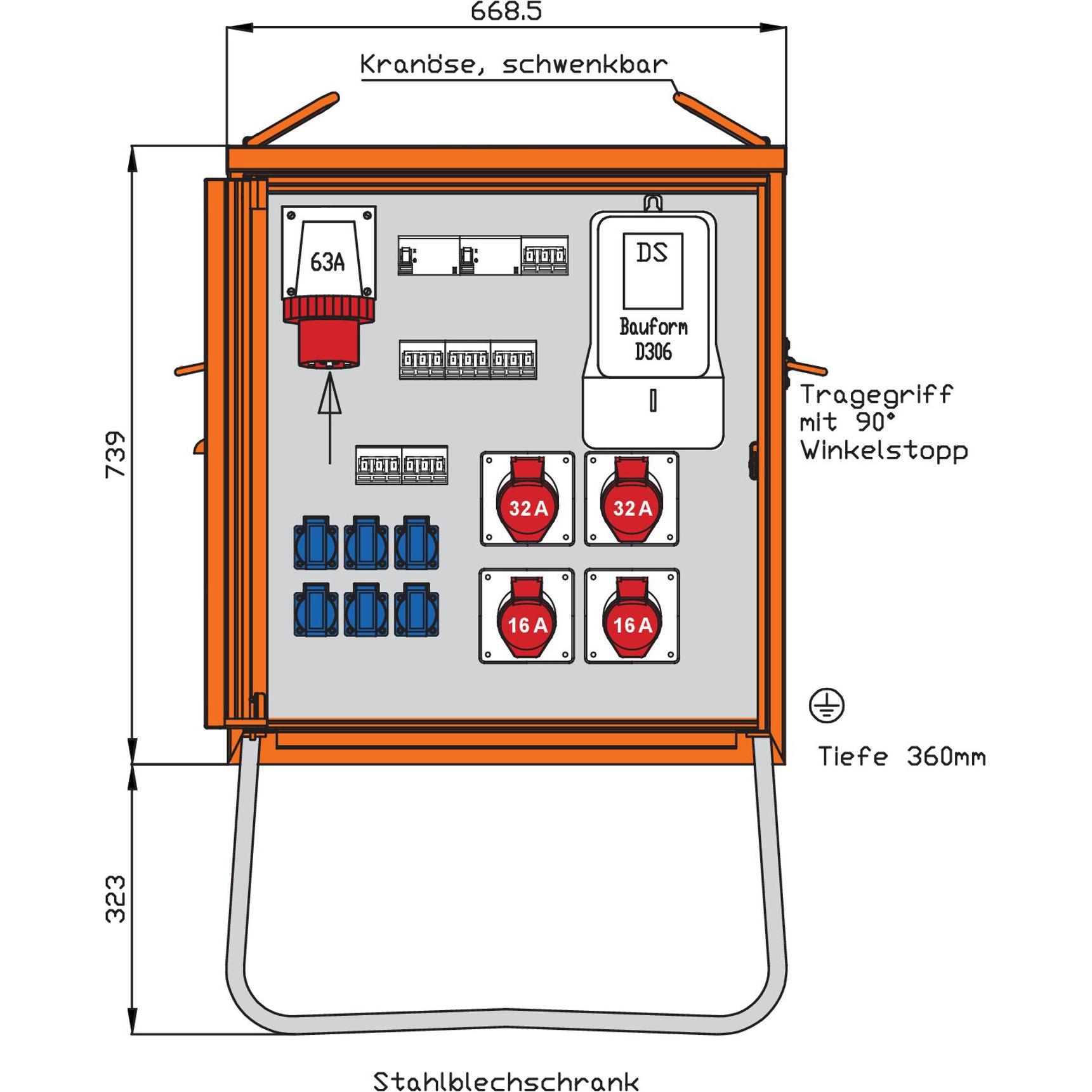 Walther Werke, Distributore di corrente, WAL WEV0821R1 Quadro di distribuzione finale 44kVA spina di collegamento 63A contatore DS RCD tipo (8x)