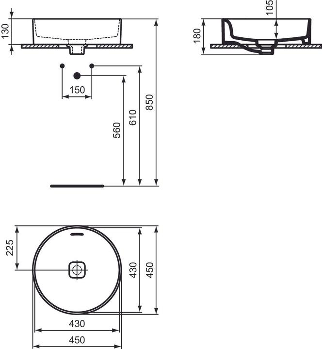 Produktbild Ideal Standard IDS Aufsatzwaschtisch STRADA II m ÜL o HL rund d= 450mm weiss I+ (450 mm, 450 mm)