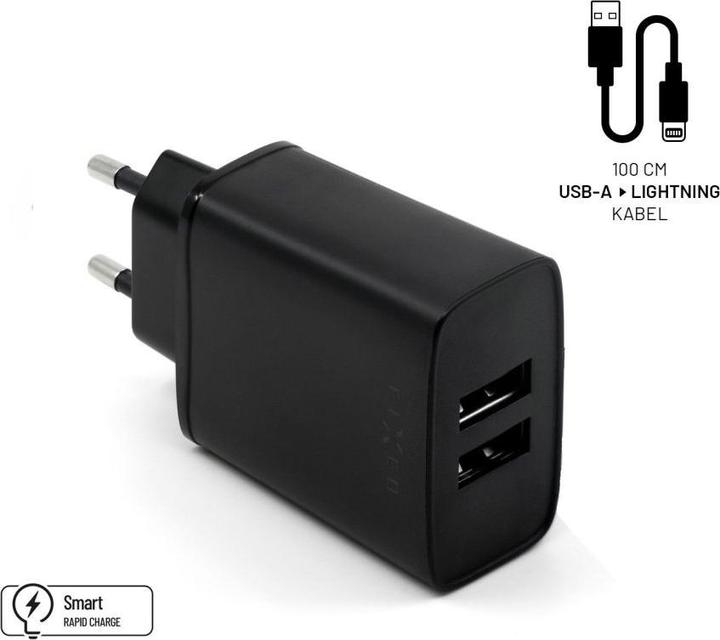 Productafbeelding Fixed nabíječka do sítě, konektor 2x USB-A, kabelis USB -> Lightning (MFI) délka 1 m, 15 W, juoda (15 W, 2 ports)