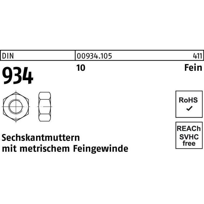 Muttern + Unterlegscheiben, Sechskantmutter DIN 934 M 30 x 1,5 10 (M30)