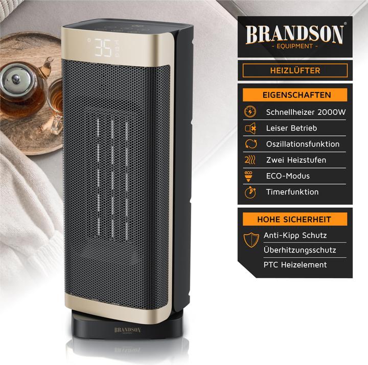Image du produit Brandson Keramik Heizlüfter 2000W, 70° Oszillation, Kippschutz, Temperatureinstellung 10-35°C, schwarz/gold (2000 W)